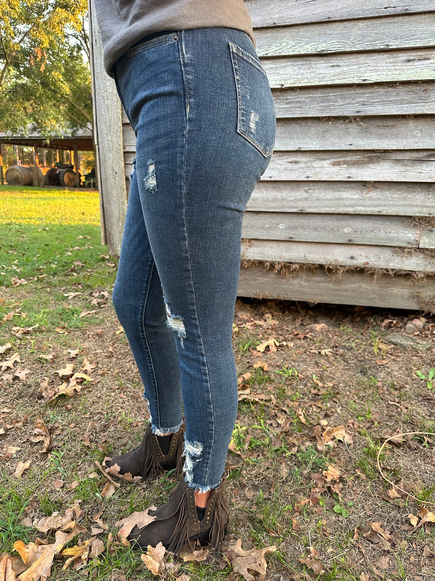 Distressed Hem Ankle Skinny Denim Pants 1957DD