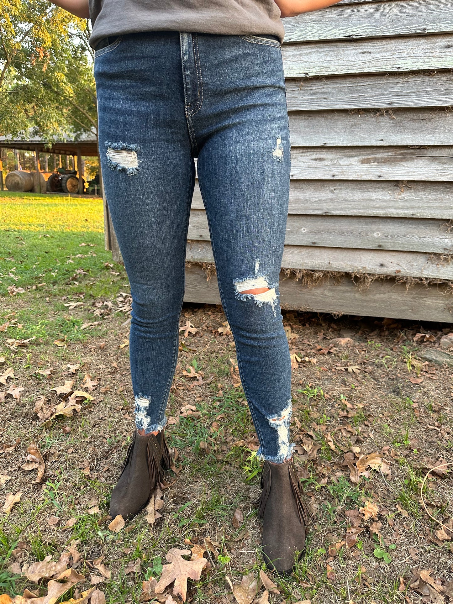 Distressed Hem Ankle Skinny Denim Pants 1957DD