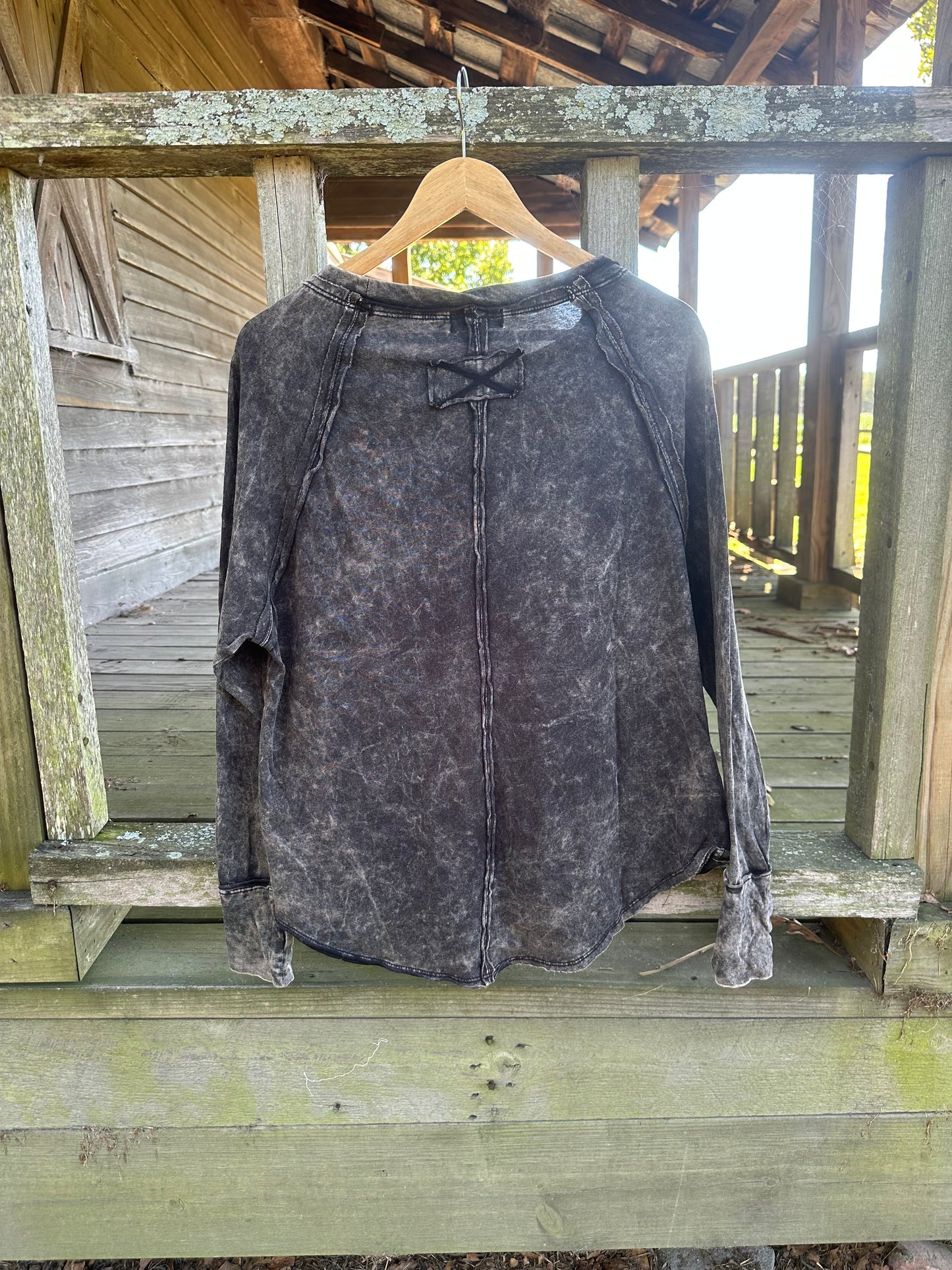 Washed Thumb Hole Cuffs Scoop-Neck Long Sleeve Top