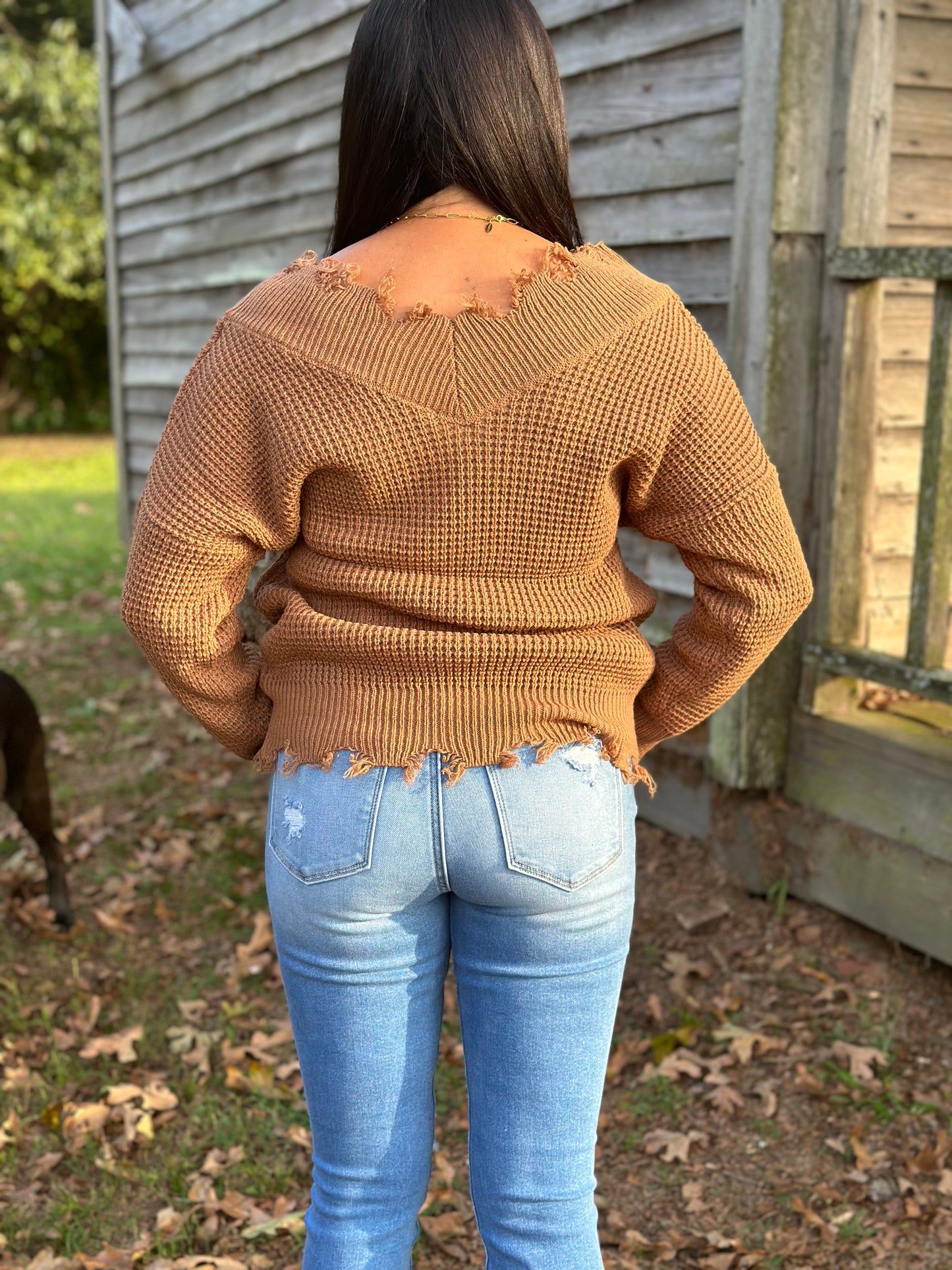 Wide Double V-Neck Distressed Waffle Sweater