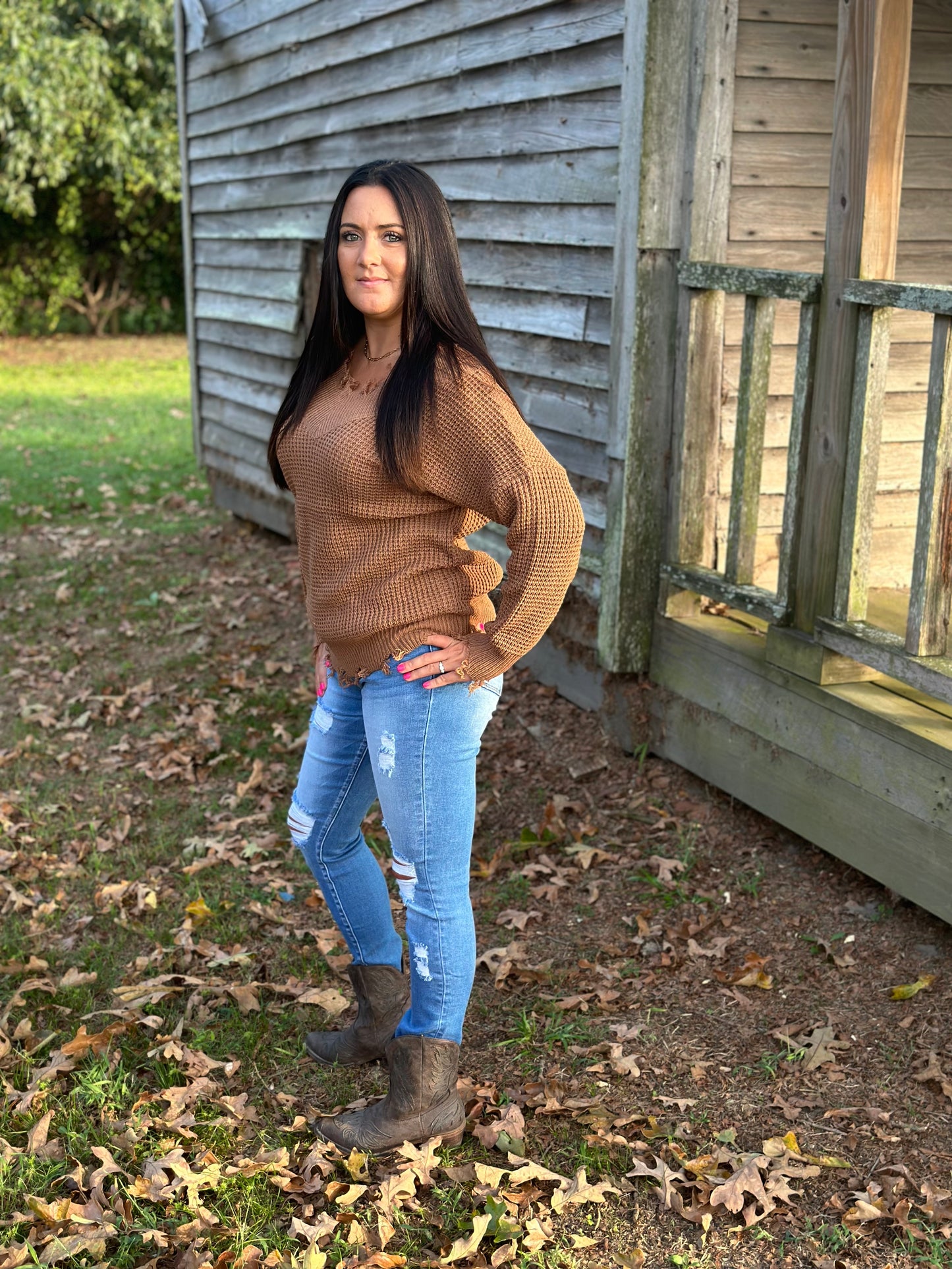 Wide Double V-Neck Distressed Waffle Sweater