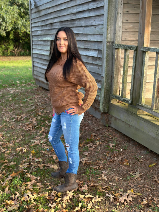 Wide Double V-Neck Distressed Waffle Sweater