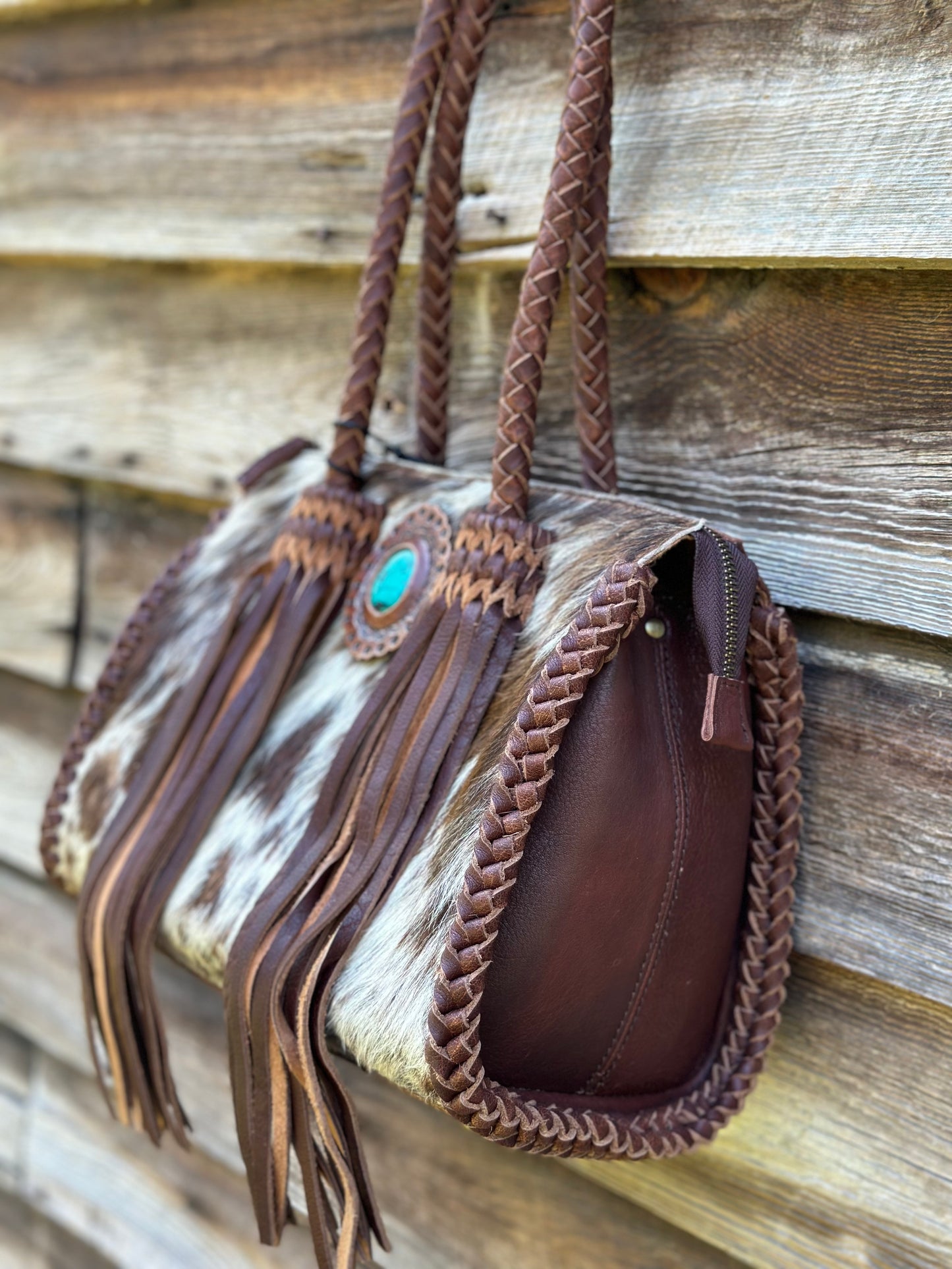 Braided Cow Hide Turquoise Stone Purse