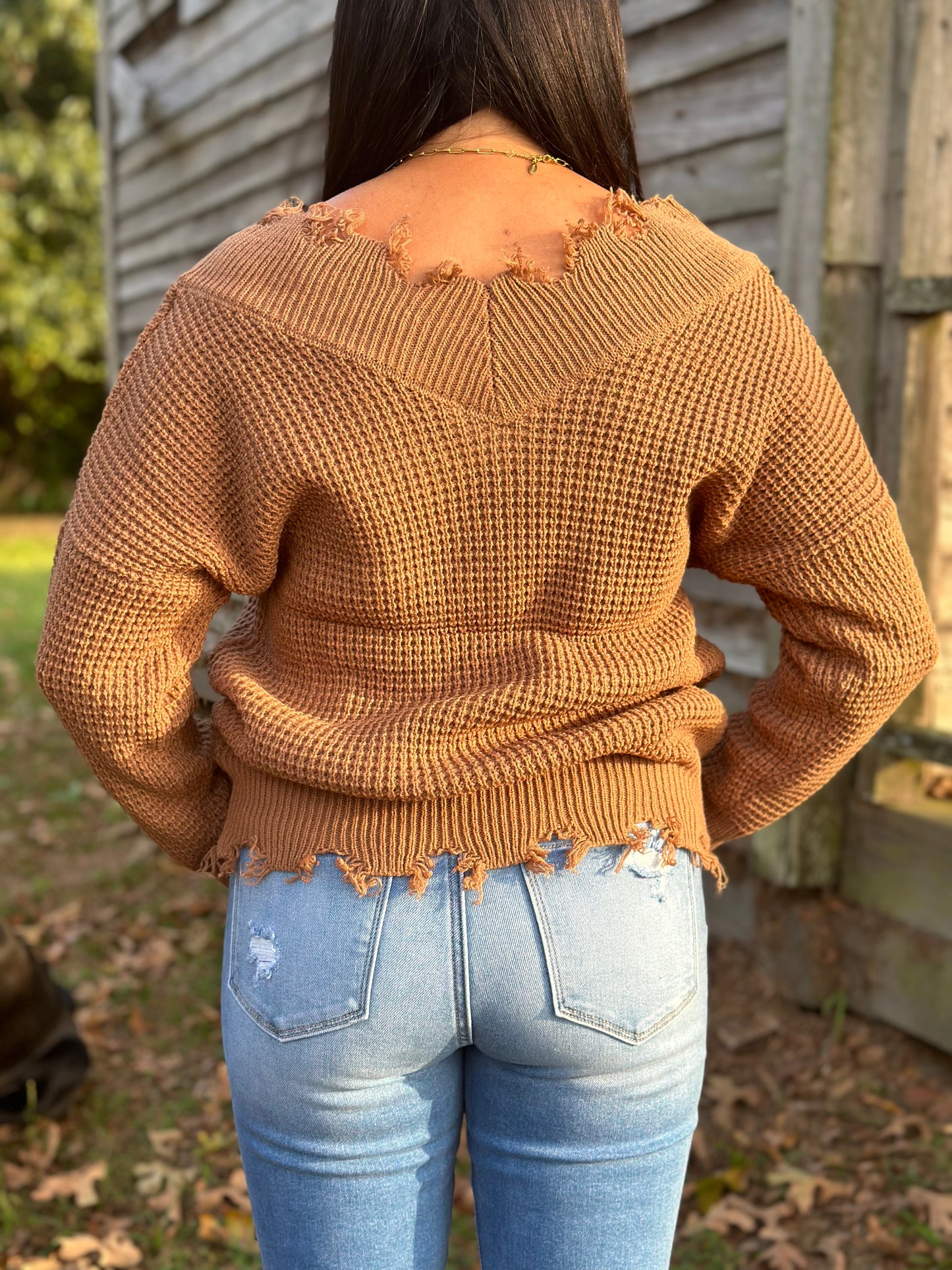 Wide Double V-Neck Distressed Waffle Sweater