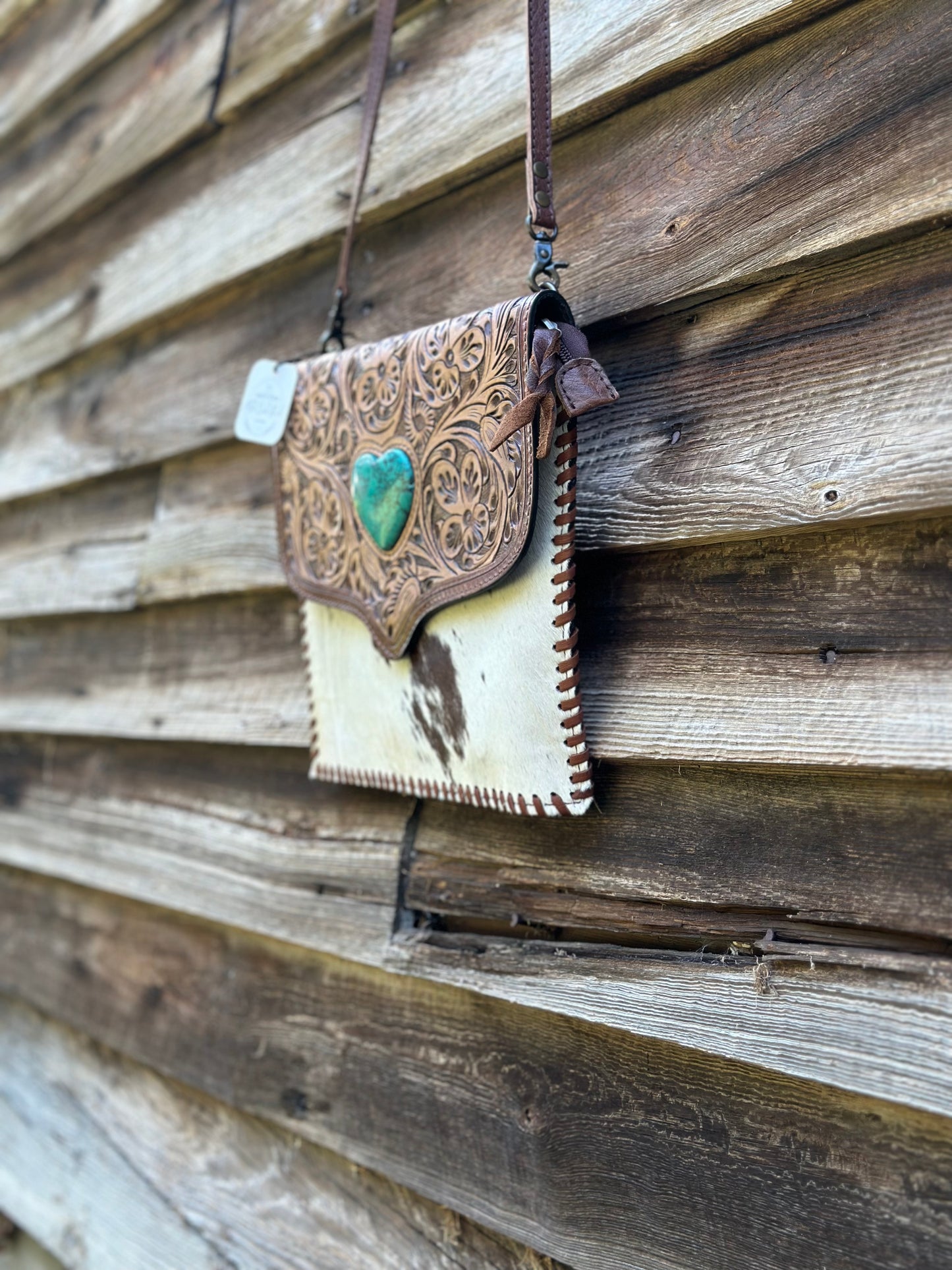 Turquoise Heart Leather & Cow Hide Purse