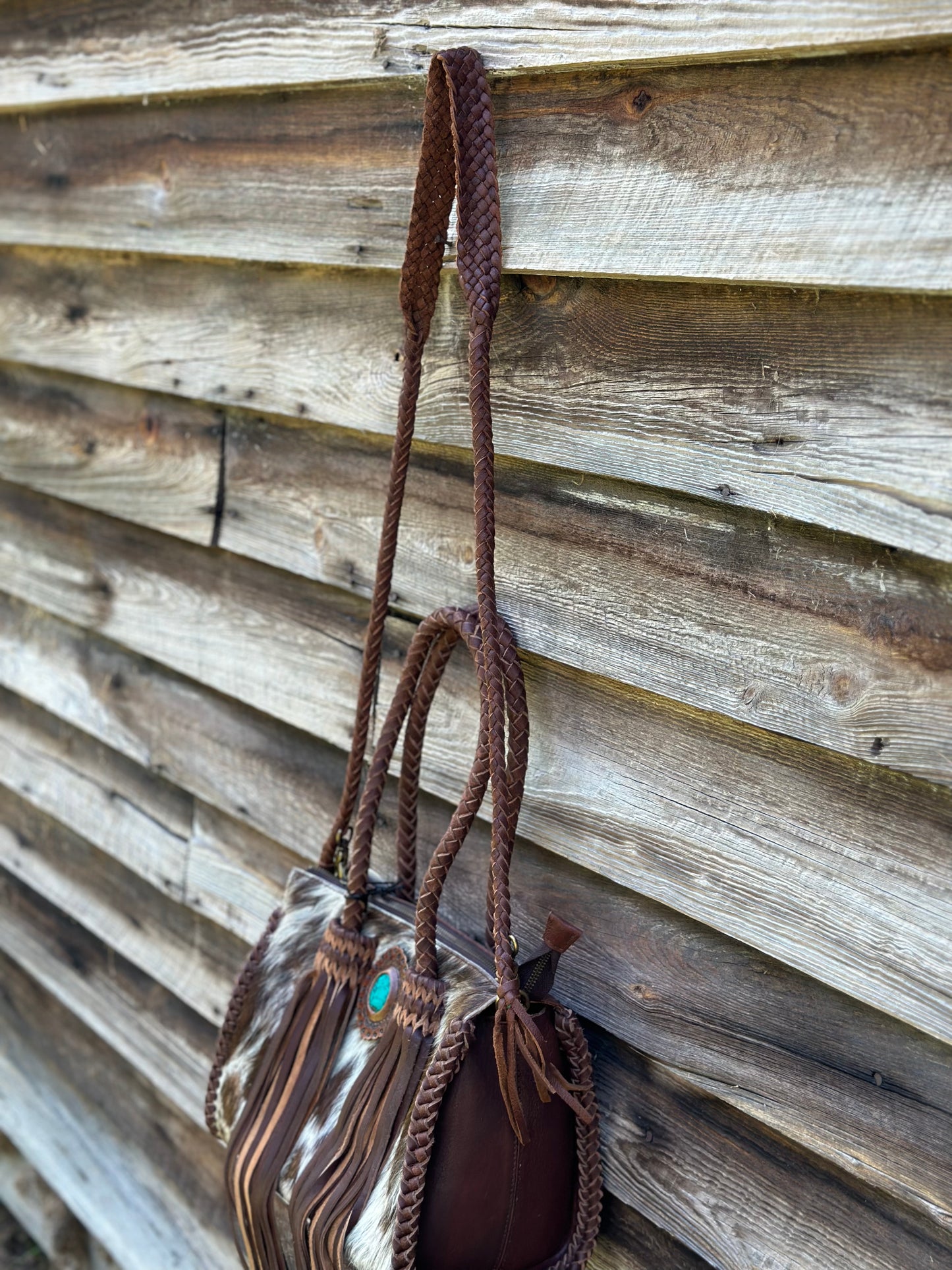 Braided Cow Hide Turquoise Stone Purse