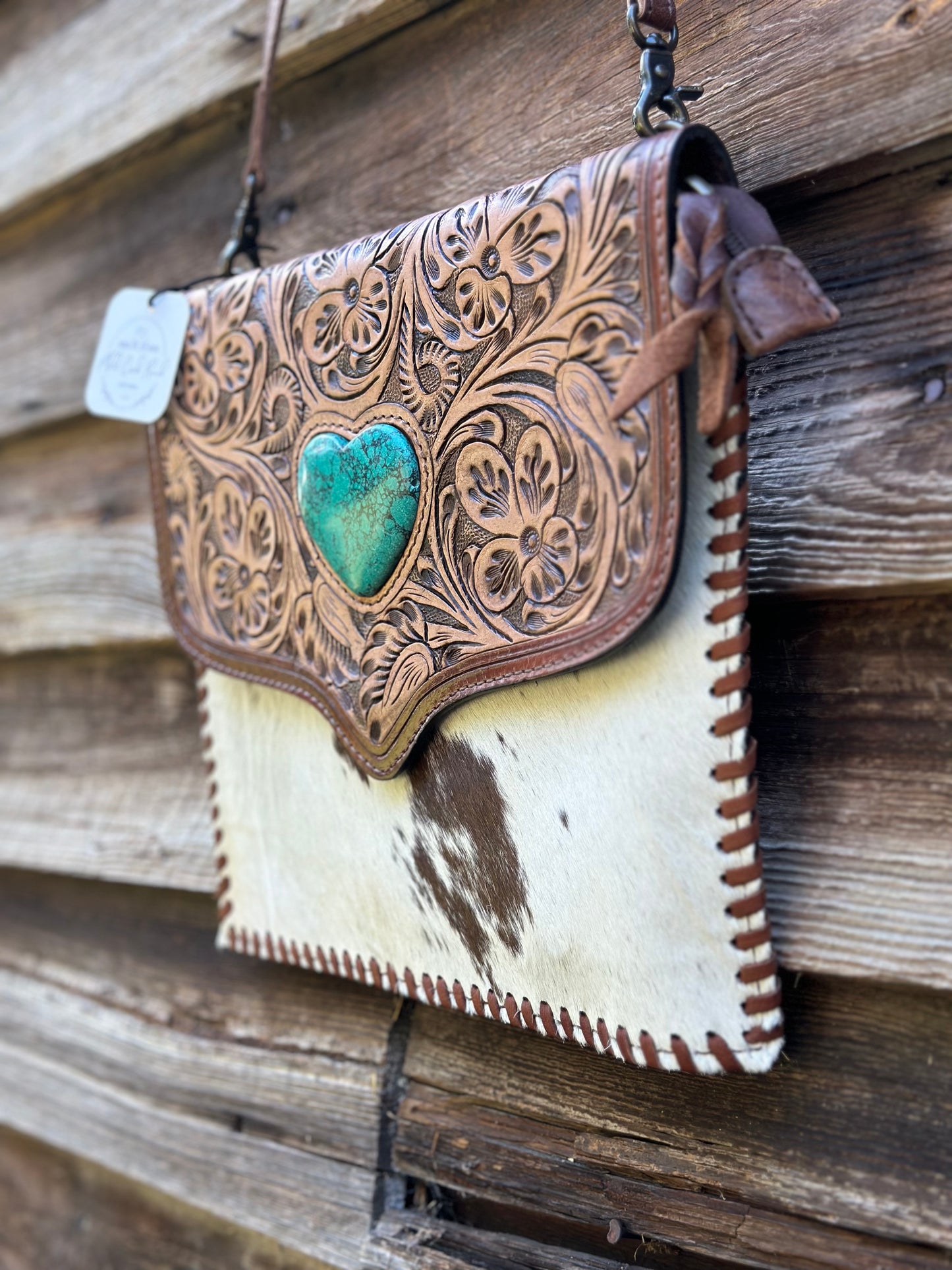 Turquoise Heart Leather & Cow Hide Purse