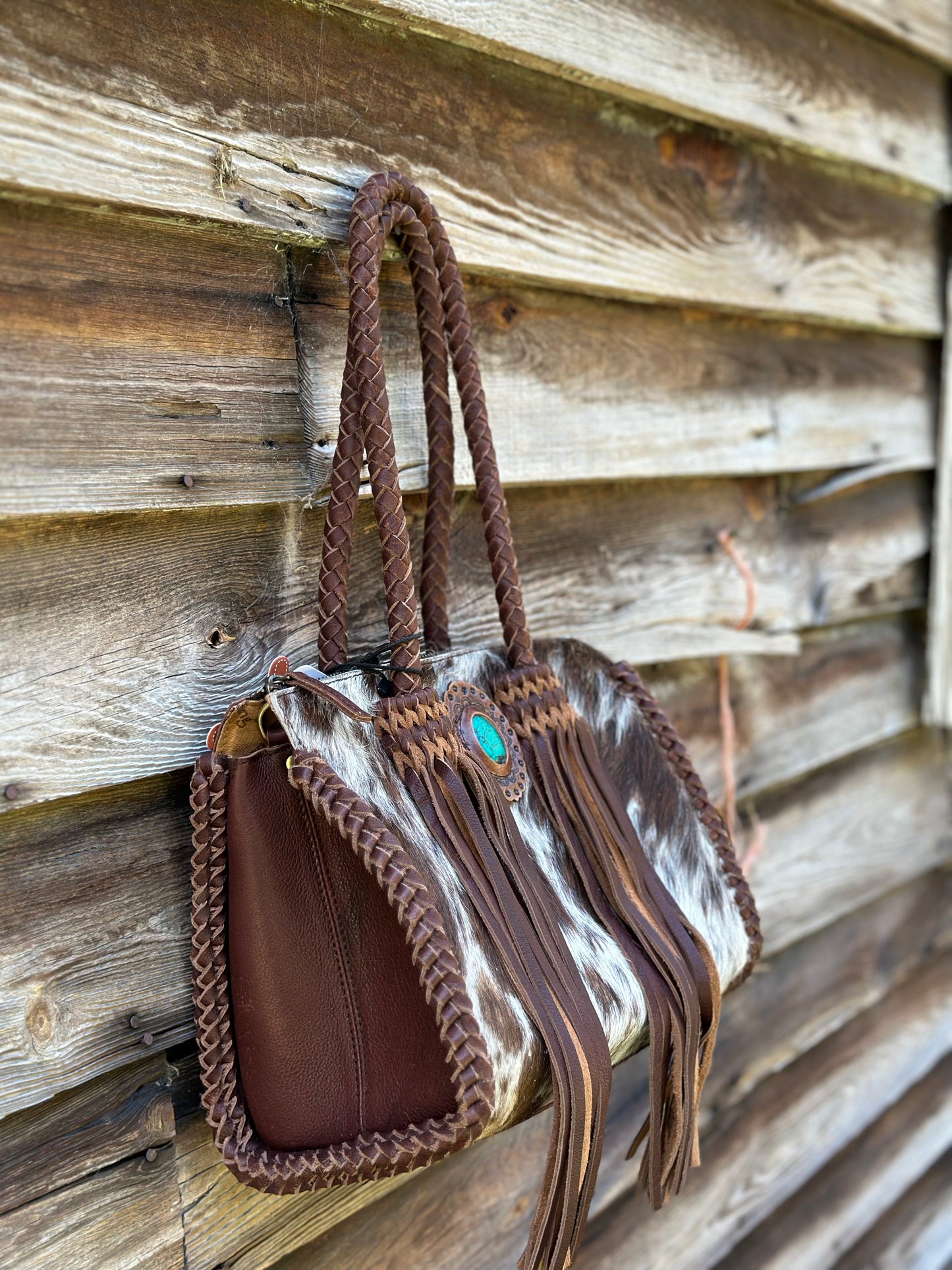 Braided Cow Hide Turquoise Stone Purse