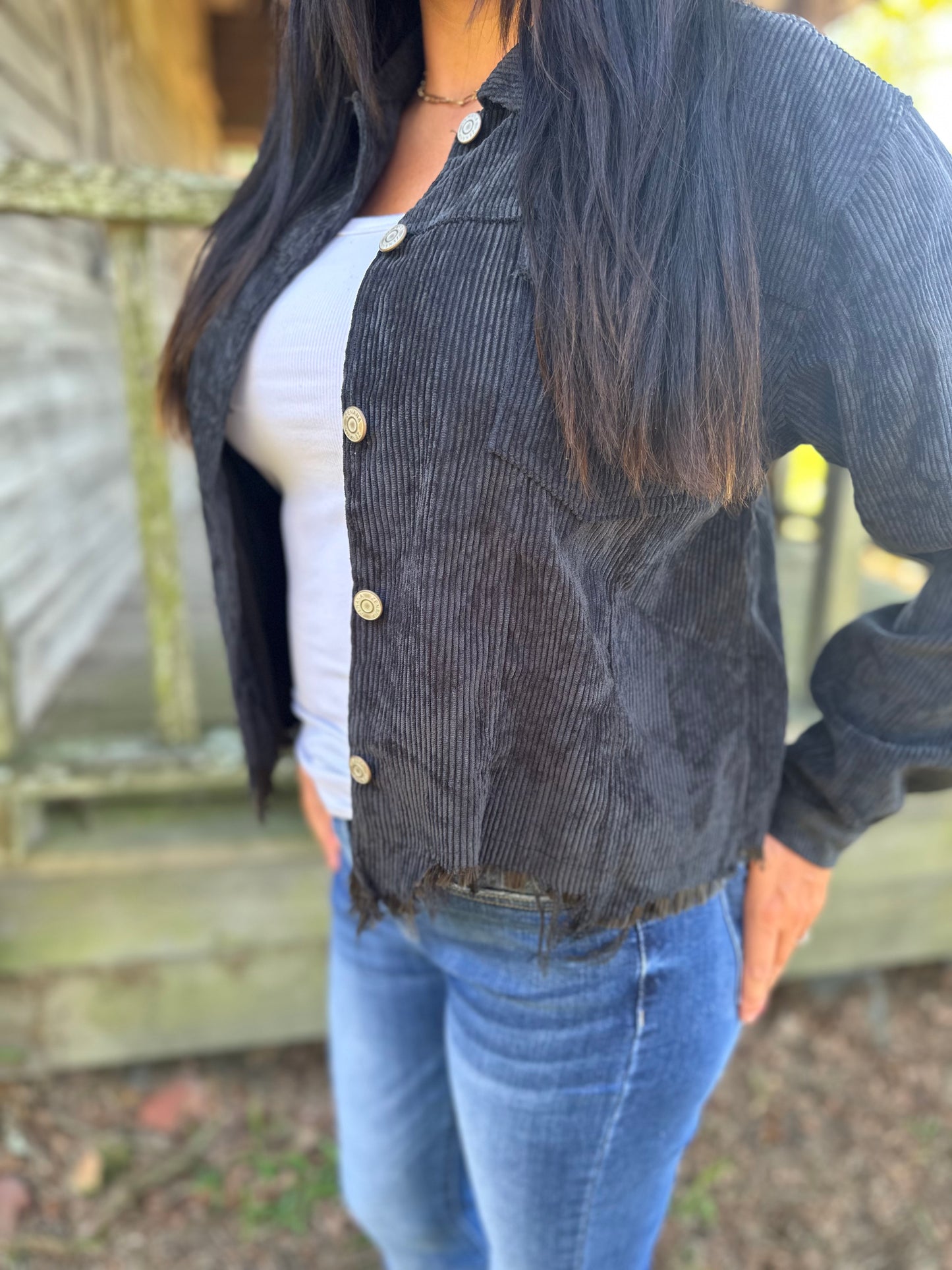 Distressed Corduroy Frayed Hem Cropped Jacket