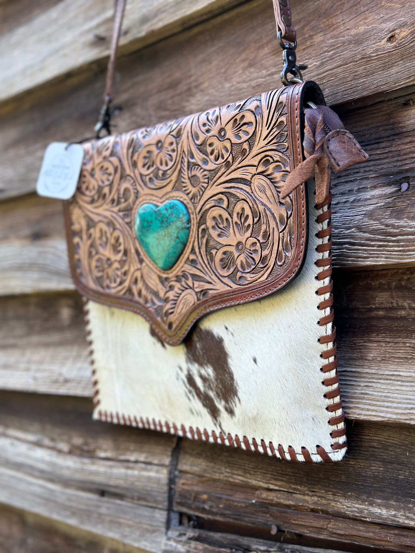 Turquoise Heart Leather & Cow Hide Purse