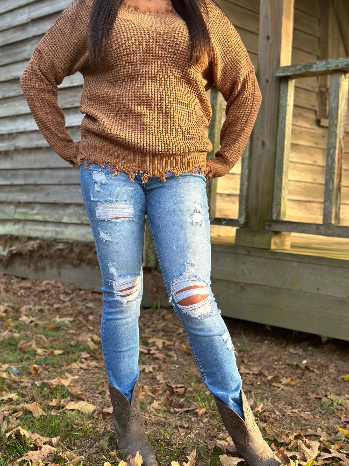 Wide Double V-Neck Distressed Waffle Sweater