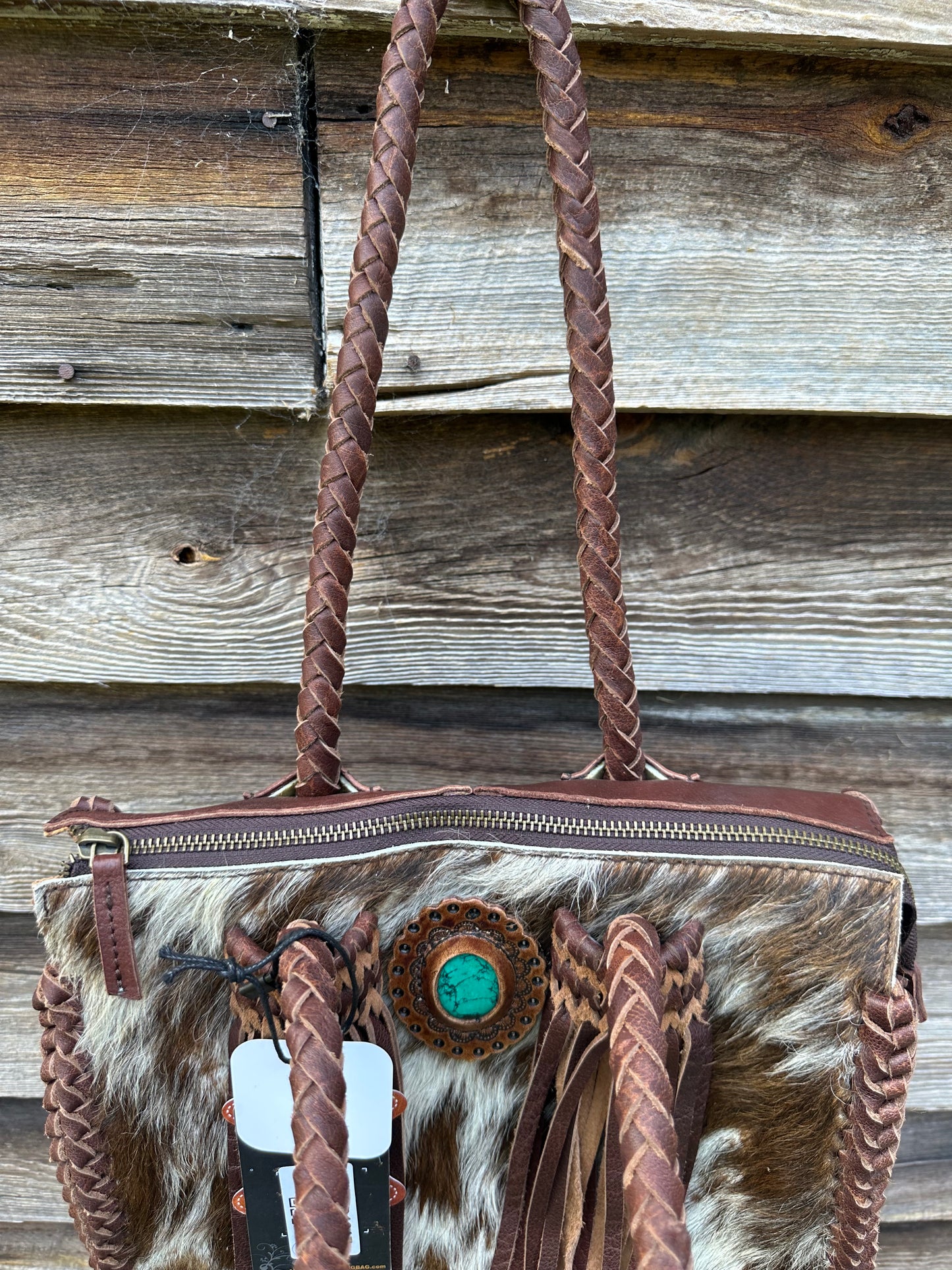 Braided Cow Hide Turquoise Stone Purse