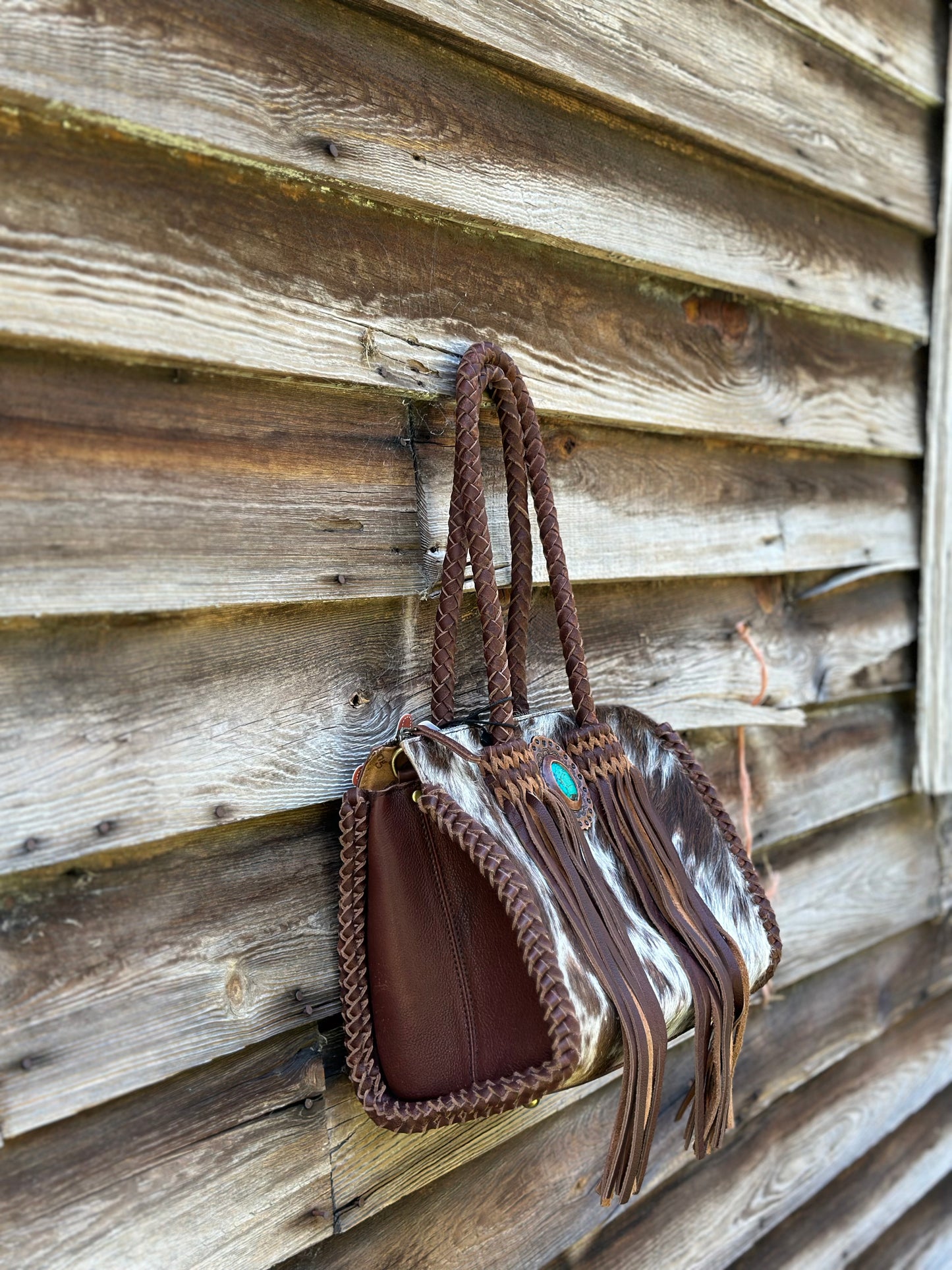 Braided Cow Hide Turquoise Stone Purse