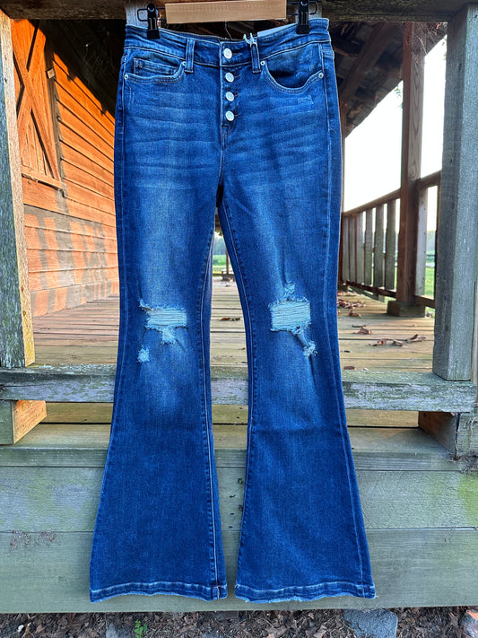 Mid Rise Distressed Button Fly Flare Jeans 1761DM