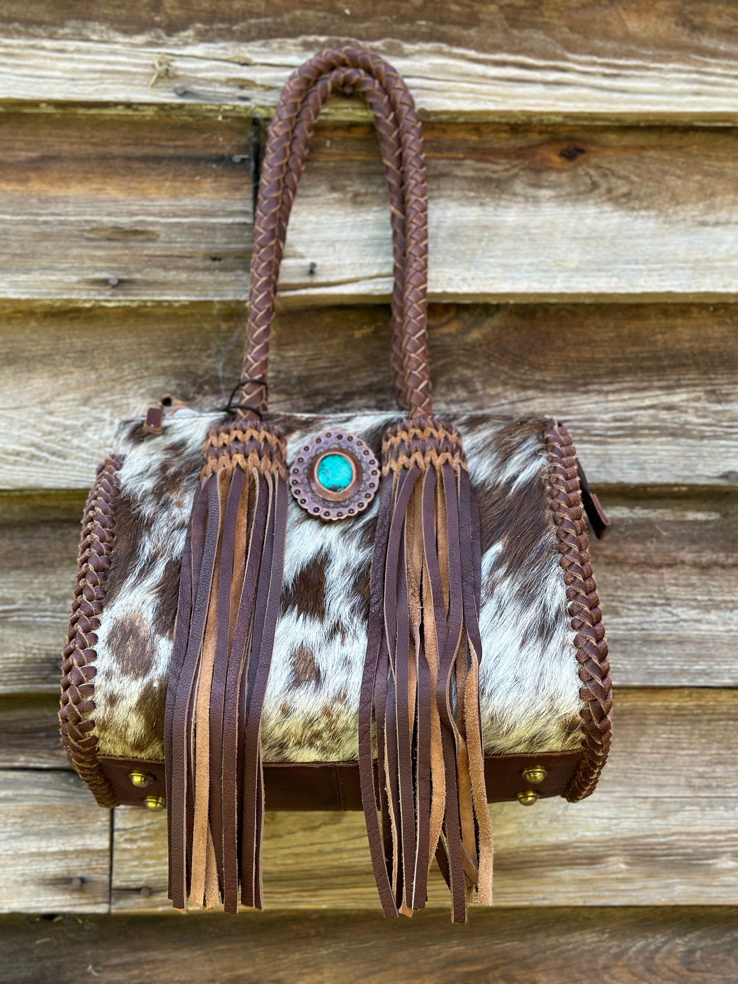 Braided Cow Hide Turquoise Stone Purse