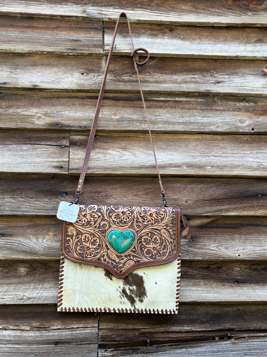 Turquoise Heart Leather & Cow Hide Purse