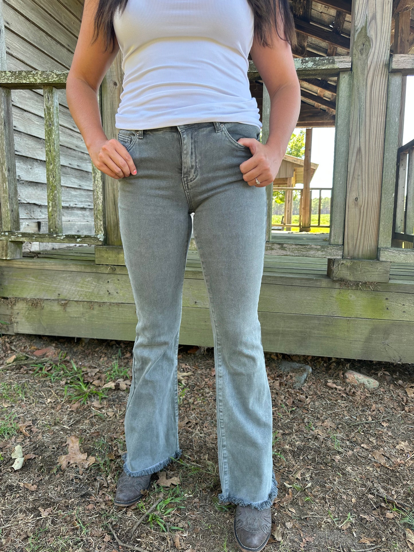 Distressed Black Flare Denim Pants