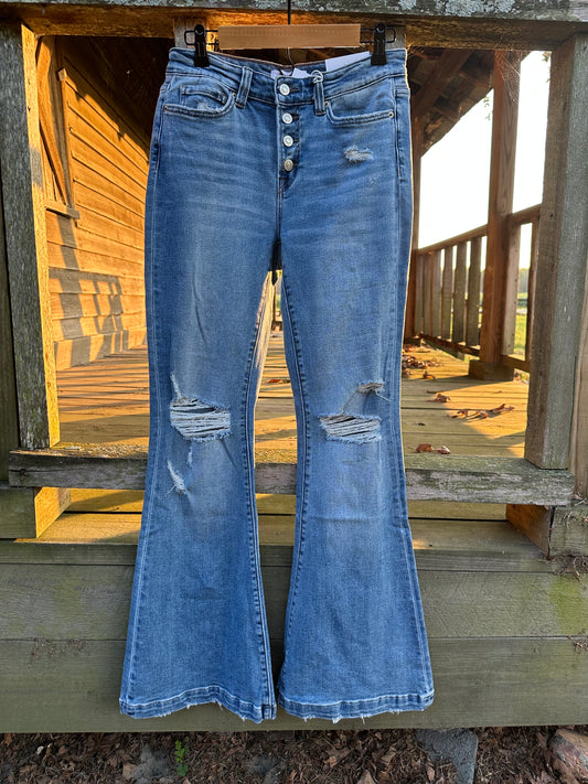 Mid Rise Distressed Button Fly Flare Jeans 1761LM